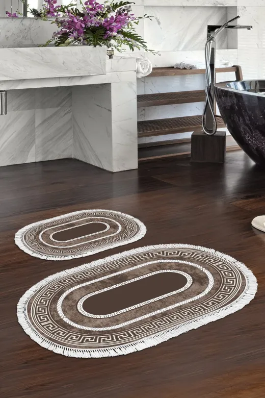 Alanur Home 651M-eko-klozet-oval-2-K-S-Oval Eko Trend Djt 2 Li Yıkanabilir Kaymaz Taban Oval Banyo Paspas 651M Modern Kahve (50 X 80 - 40 X 50)