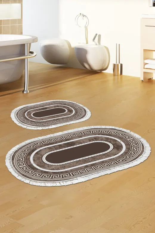 Alanur Home 651M-eko-klozet-oval-K-S-Oval Eko Djt 2 Li Yıkanabilir Taban Oval Banyo Paspas 651M Modern Kahve (60 X 100 - 50 X 60)