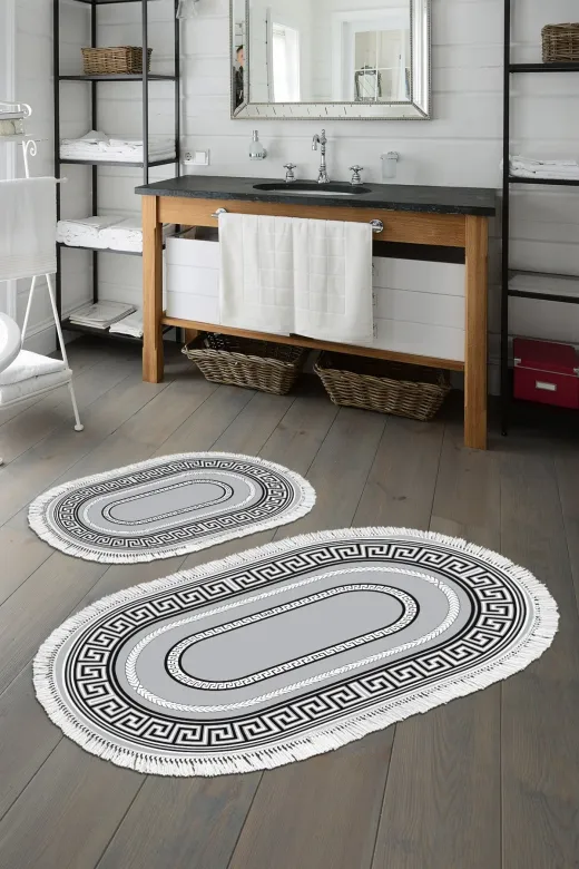 Alanur Home 651M-eko-klozet-oval-K-S-Oval Eko Trend Djt 2 Li Yıkanabilir Kaymaz Taban Oval Banyo Paspas 651M Modern Gri (60 X 100 - 50 X 60)