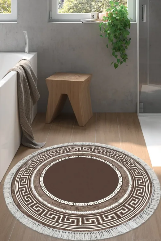 Alanur Home 651M-Trend-Banyo-Yuvarlak Eko Trend Djt Banyo Paspası Yıkanabilir Kaymaz Taban 651M Yuvarlak Modern Kahve