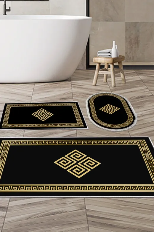 Alanur Home 656M-banyo-paspas-K-S Eko Trend Djt 3 Lü Yıkanabilir Kaymaz Taban Banyo Paspas Seti 656M Modern Gold