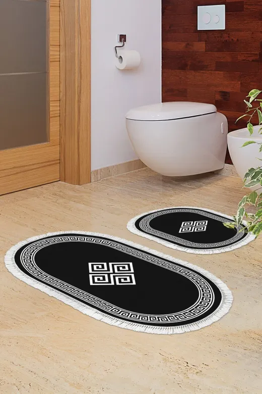 Alanur Home 656M-eko-klozet-oval-2-K-S-Oval Eko Trend Djt 2 Li Yıkanabilir Kaymaz Taban Oval Banyo Paspas 656M Modern Siyah (50 X 80 - 40 X 50)