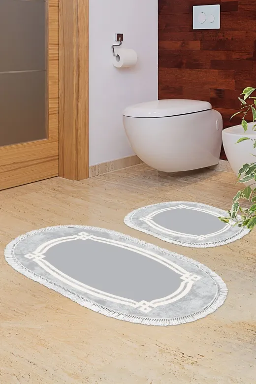 Alanur Home 657M-eko-klozet-oval-K-S-Oval Eko Trend Djt 2 Li Yıkanabilir Kaymaz Taban Oval Banyo Paspas 657M Modern Gri (60 X 100 - 50 X 60)