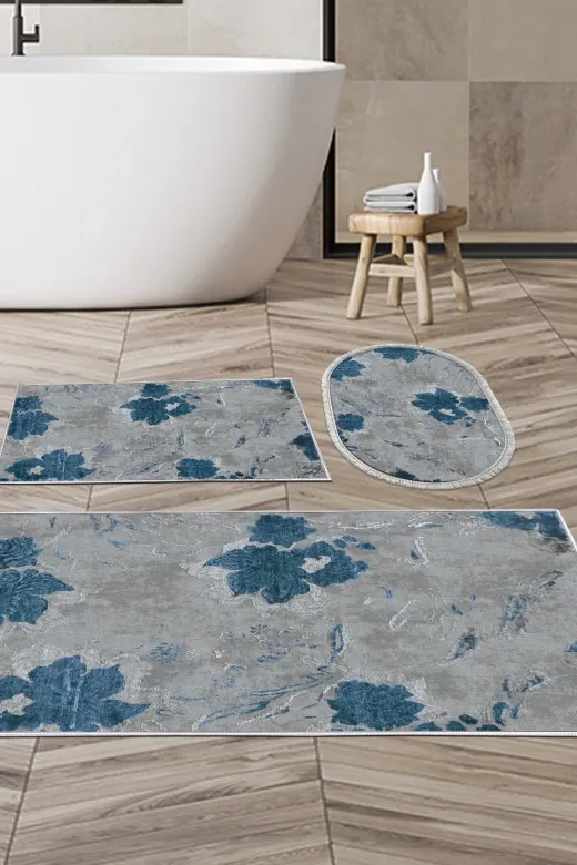 Alanur Home 660M-banyo-paspas-K-S Eko Trend Djt 3 Lü Yıkanabilir Kaymaz Taban Banyo Paspas Seti 660M Suluboya Mavi