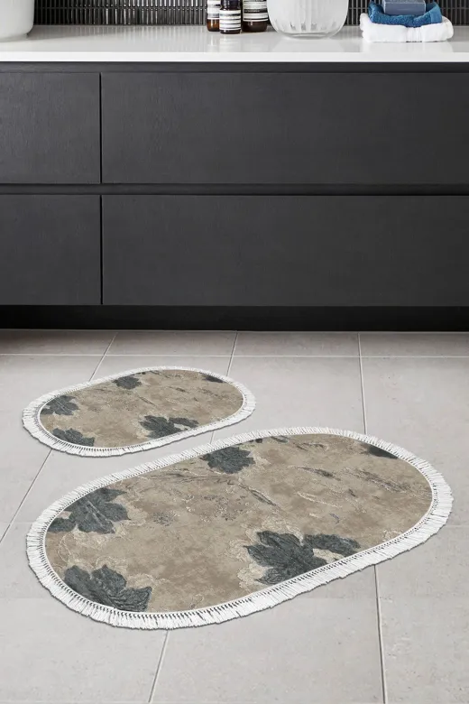 Alanur Home 660M-eko-klozet-oval-2-K-S-Oval Eko Trend Djt 2 Li Yıkanabilir Kaymaz Taban Oval Banyo Paspas 660M Suluboya Bej (50 X 80 - 40 X 50)