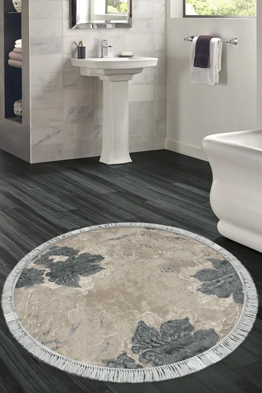 Alanur Home 660M-Trend-Banyo-Yuvarlak Eko Trend Djt Banyo Paspası Yıkanabilir Kaymaz Taban 660M Yuvarlak Suluboya Bej