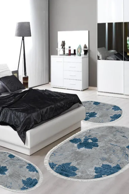 Alanur Home 660M-yatak-3-pcs-oval-K-S-Oval Eko Trend Djt Yıkanabilir Kaymaz Taban Oval 3 Lü Yatak Odası Takımı 660M Suluboya Mavi
