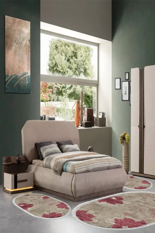 Alanur Home 660M-yatak-3-pcs-oval-K-S-Oval Eko Trend Djt Yıkanabilir Kaymaz Taban Oval 3 Lü Yatak Odası Takımı 660M Suluboya Pudra