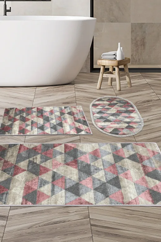 Alanur Home 661-banyo-paspas-K-S Eko Trend Djt 3 Lü Yıkanabilir Kaymaz Taban Banyo Paspas Seti 661 Iskandinav Pudra