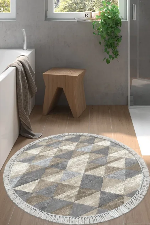 Alanur Home 661-Trend-Banyo-Yuvarlak Eko Trend Djt Banyo Paspası Yıkanabilir Kaymaz Taban 661 Yuvarlak Iskandinav Bej