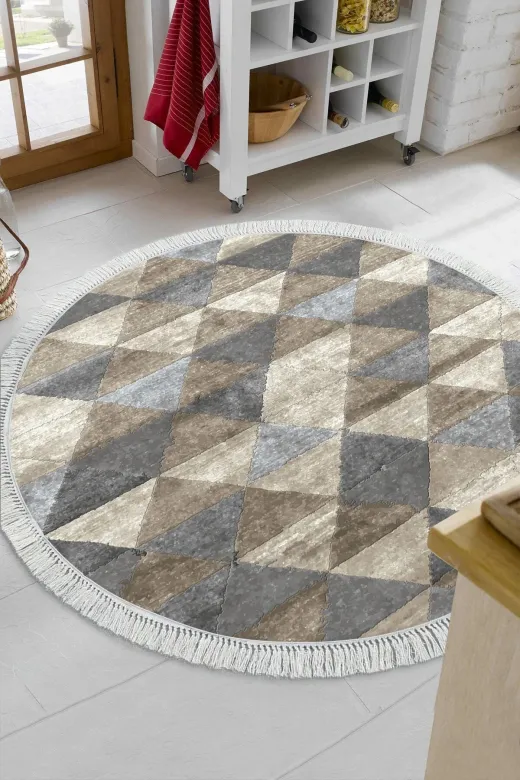 Alanur Home 661-Trend-Banyo-Yuvarlak Eko Trend Djt Banyo Paspası Yıkanabilir Kaymaz Taban 661 Yuvarlak Iskandinav Bej