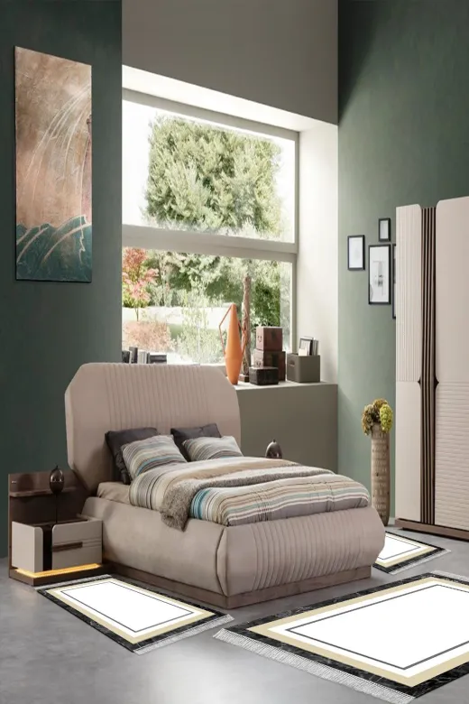 Alanur Home 673M-yatak-3-pcs-K-S Eko Trend Djt Yıkanabilir Kaymaz Taban 3 Lü Yatak Odası Takımı 673M Bordürlü Krem