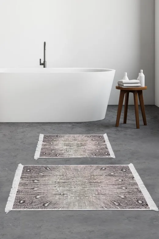 Alanur Home 743-eko-klozet-K-S Eko Trend Djt 2 Li Yıkanabilir Kaymaz Taban Banyo Paspas 743 Modern Pudra (60 X 100 - 50 X 60)