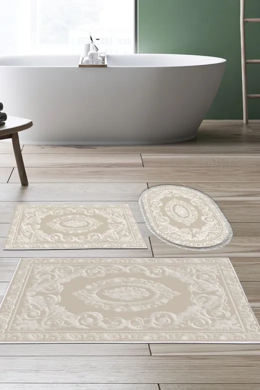 Alanur Home 747-banyo-paspas-K-S Eko Djt 3 Lü Yıkanabilir Kaymaz Taban Banyo Paspas Seti 747 Klasik Bej