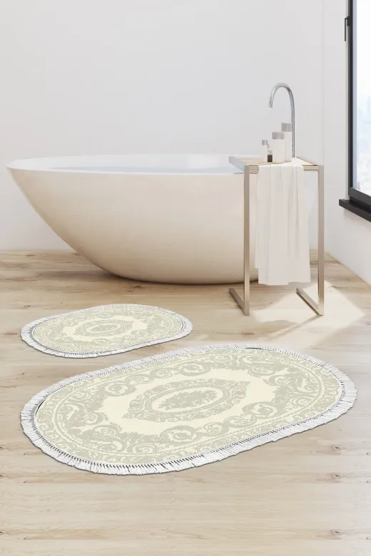Alanur Home 747-eko-klozet-oval-K-S-Oval Eko Trend Djt 2 Li Yıkanabilir Kaymaz Taban Oval Banyo Paspas 747 Klasik Krem (60 X 100 - 50 X 60)