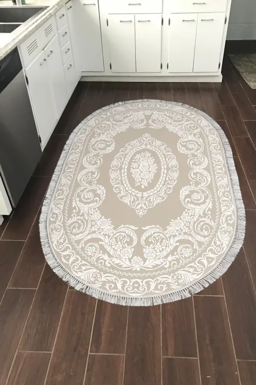 Alanur Home 747-Trend-Banyo-Oval Eko Trend Djt Banyo Paspası Yıkanabilir Kaymaz Taban 747 Oval Klasik Bej