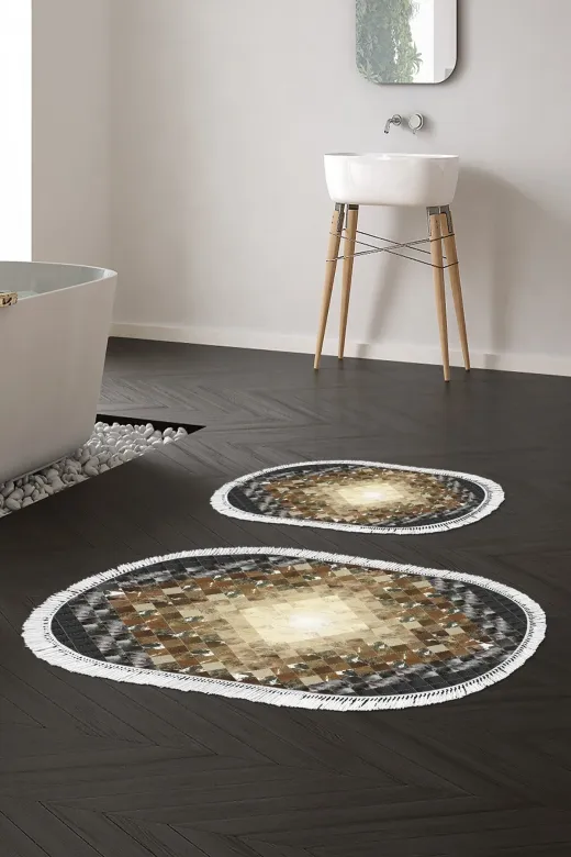 Alanur Home 759-eko-klozet-oval-K-S-Oval Eko Trend Djt 2 Li Yıkanabilir Taban Oval Banyo Paspas 759 Patchwork Siyah (60 X 100 - 50 X 60)