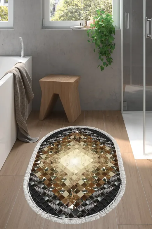 Alanur Home 759-Trend-Banyo-Oval Eko Trend Djt Banyo Paspası Yıkanabilir Kaymaz Taban 759 Oval Patchwork Siyah