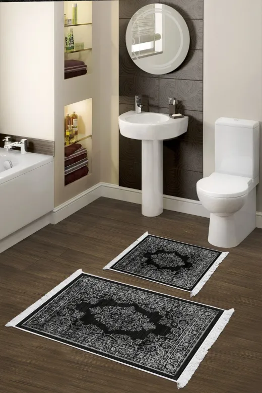Alanur Home 761-eko-klozet-2-K-S Eko Trend Djt 2 Li Yıkanabilir Kaymaz Taban Banyo Paspas 761 Osmanli Siyah (50 X 80 - 40 X 50)