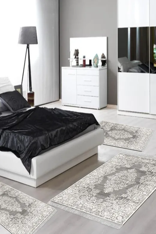 Alanur Home 762-yatak-3-pcs-oval-K-S-Oval Eko Trend Djt Yıkanabilir Kaymaz Taban Oval 3 Lü Yatak Odası Takımı 762 Osmanli Gri