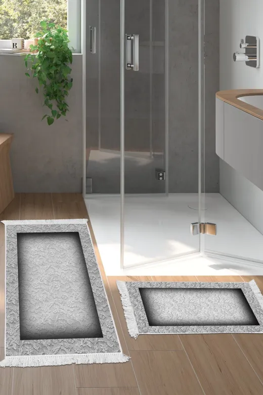 Alanur Home 767-eko-klozet-2-K-S Eko Trend Djt 2 Li Yıkanabilir Kaymaz Taban Banyo Paspas 767 Bordürlü Gri (50 X 80 - 40 X 50)