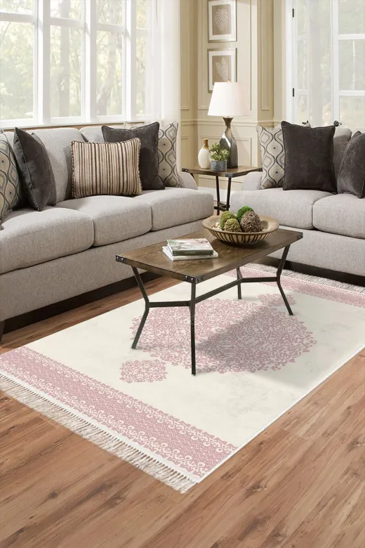 Alanur Home 900602 Krem Pudra Star Kaymaz Pamuk Tabanlı Saçaklı Dijital Halı