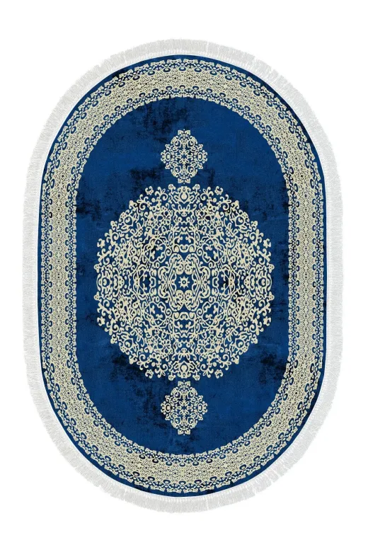 Alanur Home 900602-Oval Alanur Star Kaymaz Pamuk Tabanlı Saçaklı Dijital Halı Oval Mavi?
