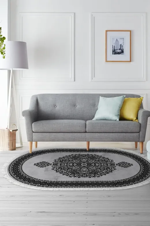Alanur Home 900602-Oval Gri? Star Kaymaz Pamuk Tabanlı Saçaklı Dijital Oval Halı