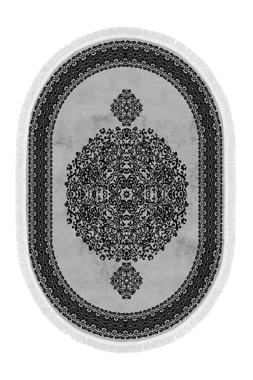 Alanur Home 900602-Oval Gri? Star Kaymaz Pamuk Tabanlı Saçaklı Dijital Oval Halı
