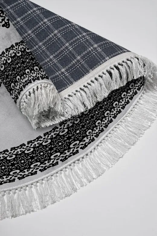 Alanur Home 900602-Oval Gri? Star Kaymaz Pamuk Tabanlı Saçaklı Dijital Oval Halı