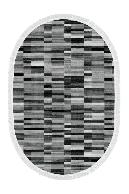 Alanur Home 900612-Oval Kaymaz Pamuk Tabanlı Saçaklı Dijital Halı Oval Gri?
