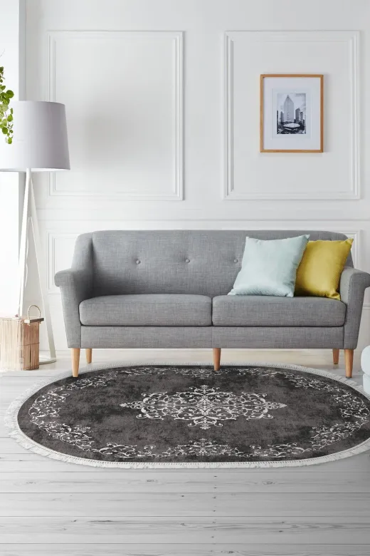 Alanur Home 900616-Oval Star Kaymaz Pamuk Tabanlı Saçaklı Dijital Oval Gri Halı