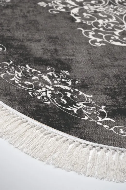 Alanur Home 900616-Oval Star Kaymaz Pamuk Tabanlı Saçaklı Dijital Oval Gri Halı