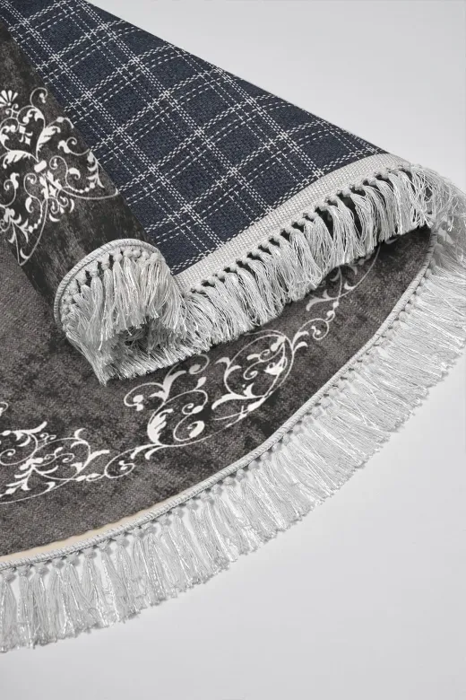 Alanur Home 900616-Oval Star Kaymaz Pamuk Tabanlı Saçaklı Dijital Oval Gri Halı