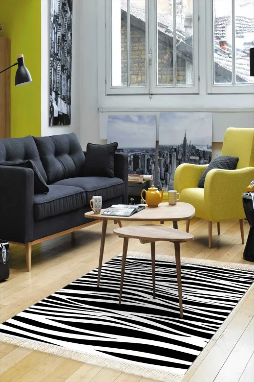 Alanur Home 900621 Alanur Star Kaymaz Pamuk Tabanlı Saçaklı Dijital Halı Si?yah