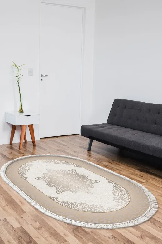 Alanur Home 900623-P-S-Oval Krem Star Pamuk Tabanlı Saçaklı Dijital Halı