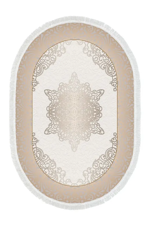 Alanur Home 900623-P-S-Oval Krem Star Pamuk Tabanlı Saçaklı Dijital Halı