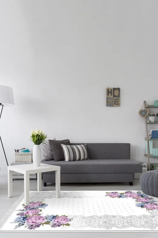 Alanur Home 900625-P-S Alanur Star Pamuk Tabanlı Saçaklı Dijital Halı Mürdüm