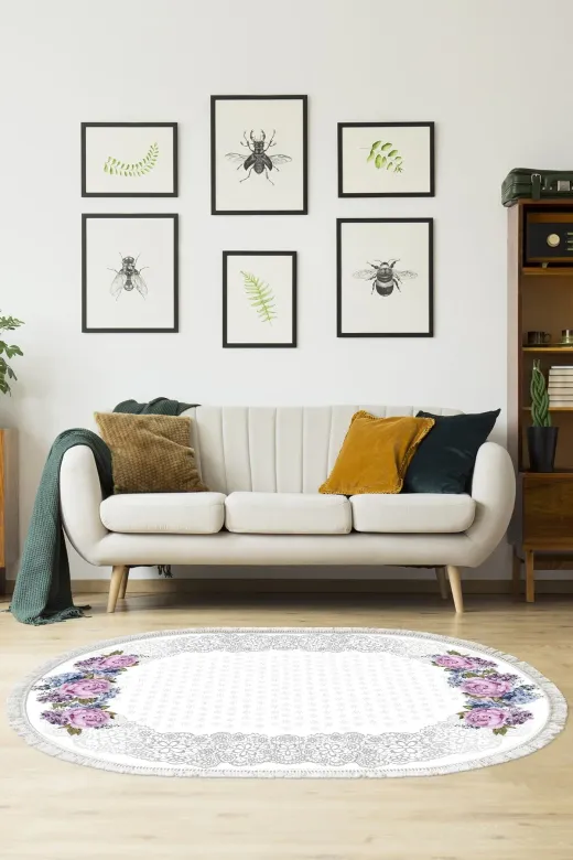 Alanur Home 900625-P-S-Oval Alanur Star Pamuk Tabanlı Saçaklı Dijital Halı Oval Mürdüm