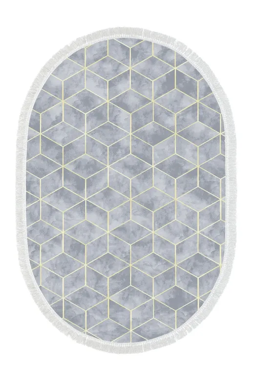 Alanur Home 900627-P-S-Oval Mavi Star Pamuk Tabanlı Saçaklı Dijital Oval Halı