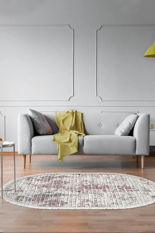 Alanur Home 900635-P-S-Oval Alanur Star Pamuk Tabanlı Saçaklı Dijital Halı Oval Pudra