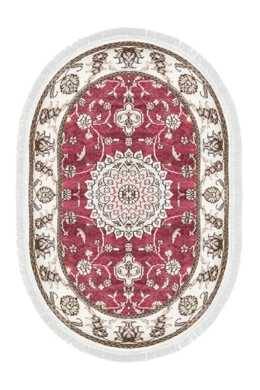 Alanur Home 900647-P-S-Oval Bordo Pamuk Tabanlı Saçaklı Dijital Oval Halı