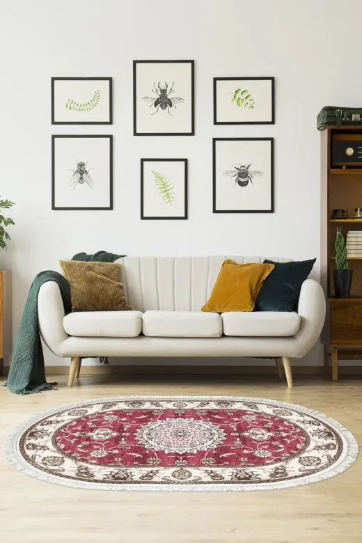 Alanur Home 900647-P-S-Oval Bordo Pamuk Tabanlı Saçaklı Dijital Oval Halı
