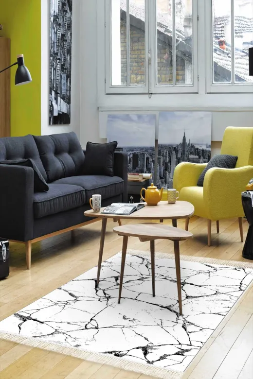 Alanur Home 900698-P-S Alanur Star Pamuk Tabanlı Saçaklı Dijital Halı Beyaz