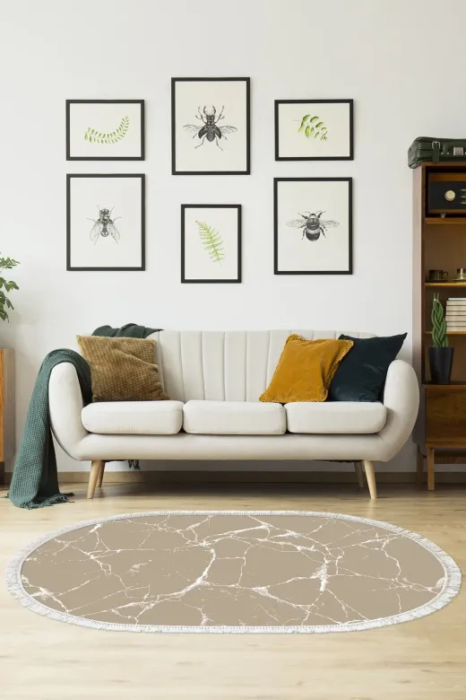 Alanur Home 900698-P-S-Oval Alanur Star Pamuk Tabanlı Saçaklı Dijital Halı Oval Camel
