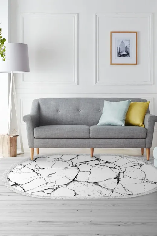Alanur Home 900698-P-S-Oval Beyaz Pamuk Tabanlı Saçaklı Dijital Oval Halı