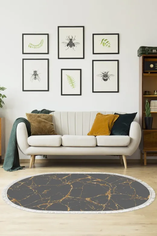 Alanur Home 900699-P-S-Oval Altın Renk Star Pamuk Tabanlı Saçaklı Dijital Halı