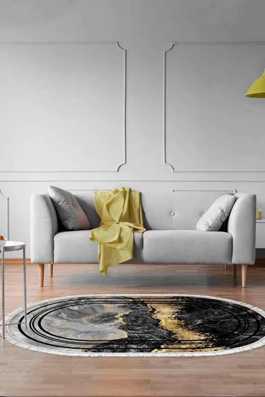 Alanur Home 900701-P-S-Oval Pamuk Tabanlı Saçaklı Dijital Halı Oval Gri