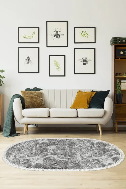 Alanur Home 900702-P-S-Oval Alanur Star Pamuk Tabanlı Saçaklı Dijital Oval Gri Halı