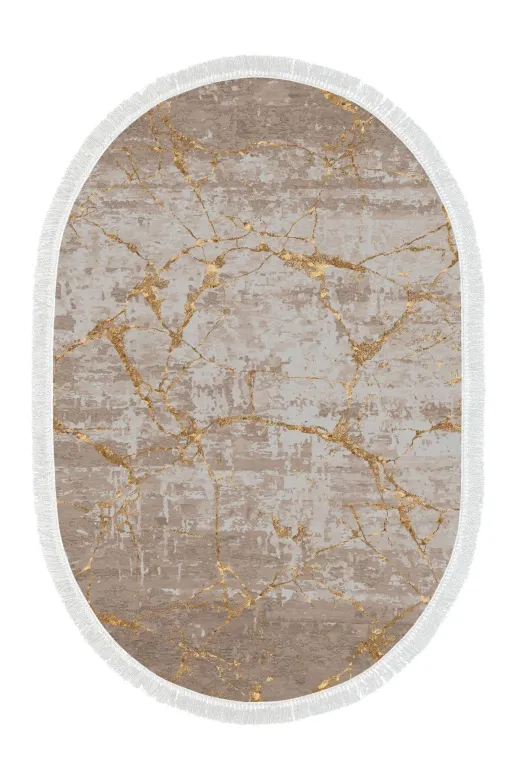 Alanur Home 900704-P-S-Oval Alanur Star Pamuk Tabanlı Saçaklı Dijital Halı Oval Bej